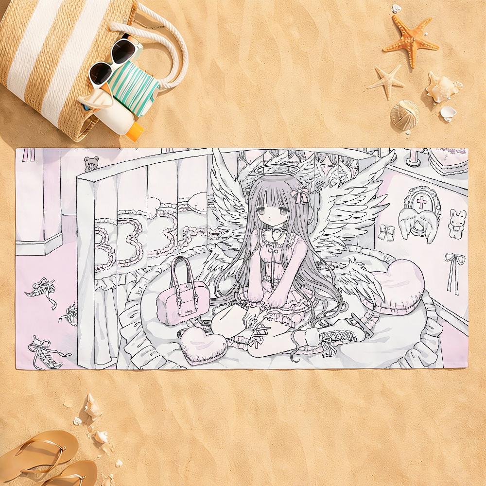 Anime Angel Girls Kawaii Towel Quick Dry Absorbent Beach Towel for Sports, Fitness, Swimming and Outdoor Activities