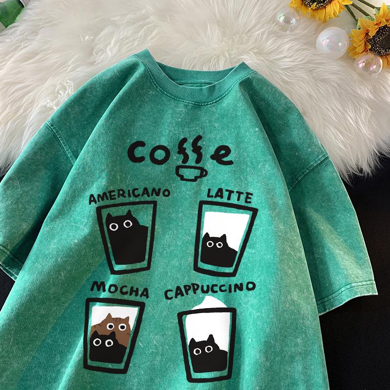 Amerikansk Retro Trendig Katt Bomulls-T-shirt Män Kvinnor Sommar Lös Par Kortärmad Toppar Harajuku Y2k Vintage Vattentvättad T-shirt