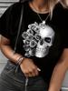 Gothic Skull Rose Print Women T Shirt Pink Floral Spider Web Casual Short Sleeve O-neck Dark Aesthetic Summer Tops
