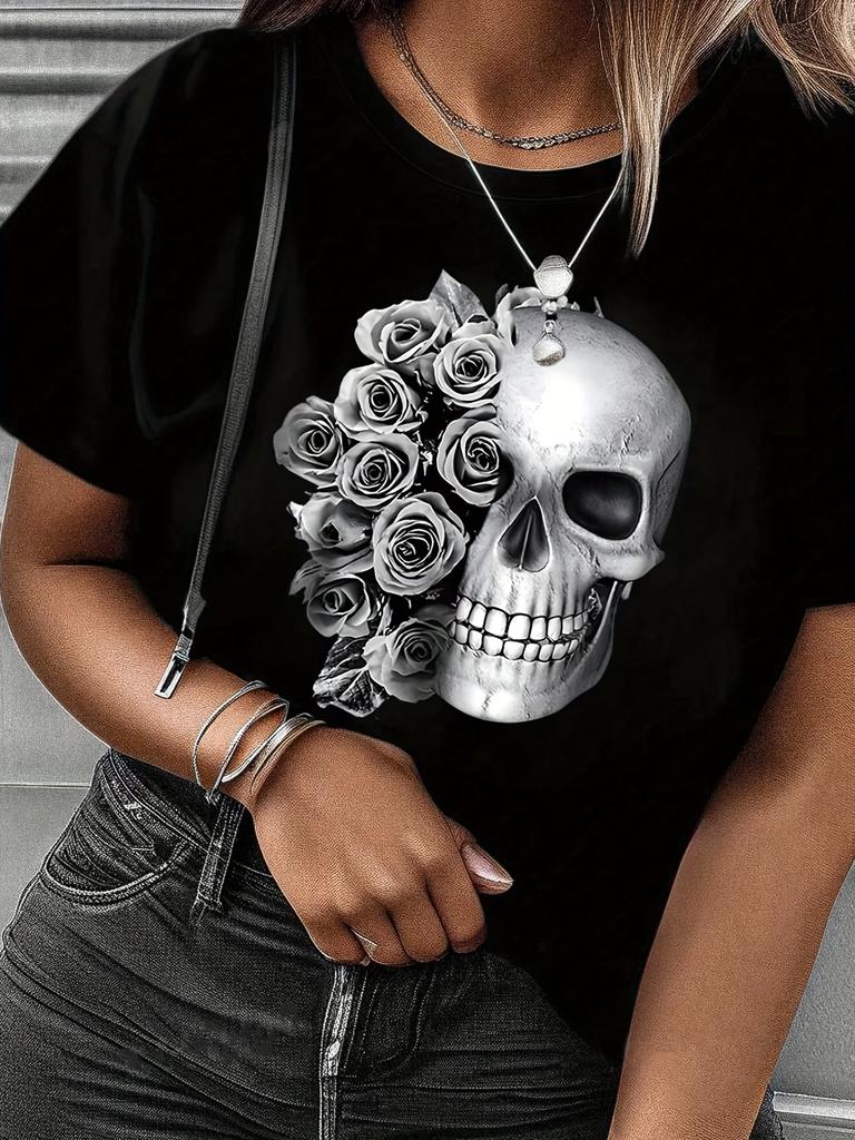 Gothic Skull Rose Print Women T Shirt Pink Floral Spider Web Casual Short Sleeve O-neck Dark Aesthetic Summer Tops