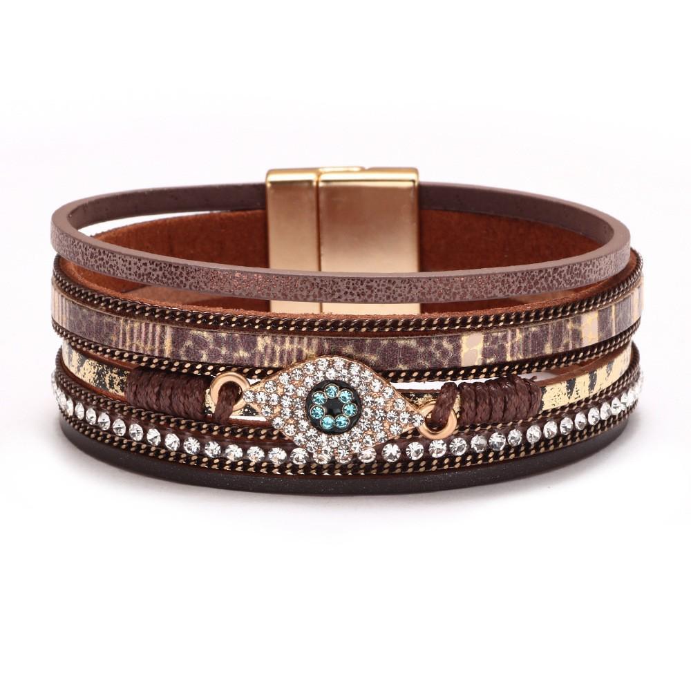 Bohemian Micro-Diamond Cross Bracelet with Magnetic Clasp & PU Leather