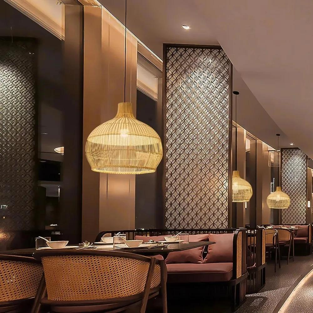 JOYINLLED  Bamboo Ceiling Light White Hand-Woven Boho Hanging Lamp for Dining Living Bedroom Farmhouse Dia.35 E27 LED Chandelier