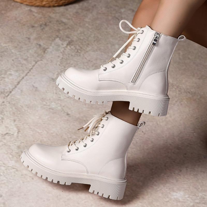 Fashion Side Zip Shortleg Boots Women's Fashion Round Toe Lace-Up Front Platform Anti-Slip Wear-Resistant Single Boots