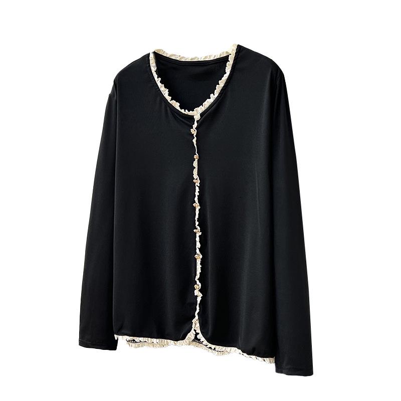 

Plus Size V-neck Long Sleeve Loose T-shirt for Women - Slimming Base Layer Top 5XL (240-300 jin) чёрный