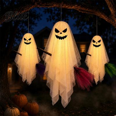 Reusable Festival Holiday Decor Halloween Lighted Hanging Ghost with Broom Decor Flying Broomstick Ornaments Remote Multi Mode Lighting Control