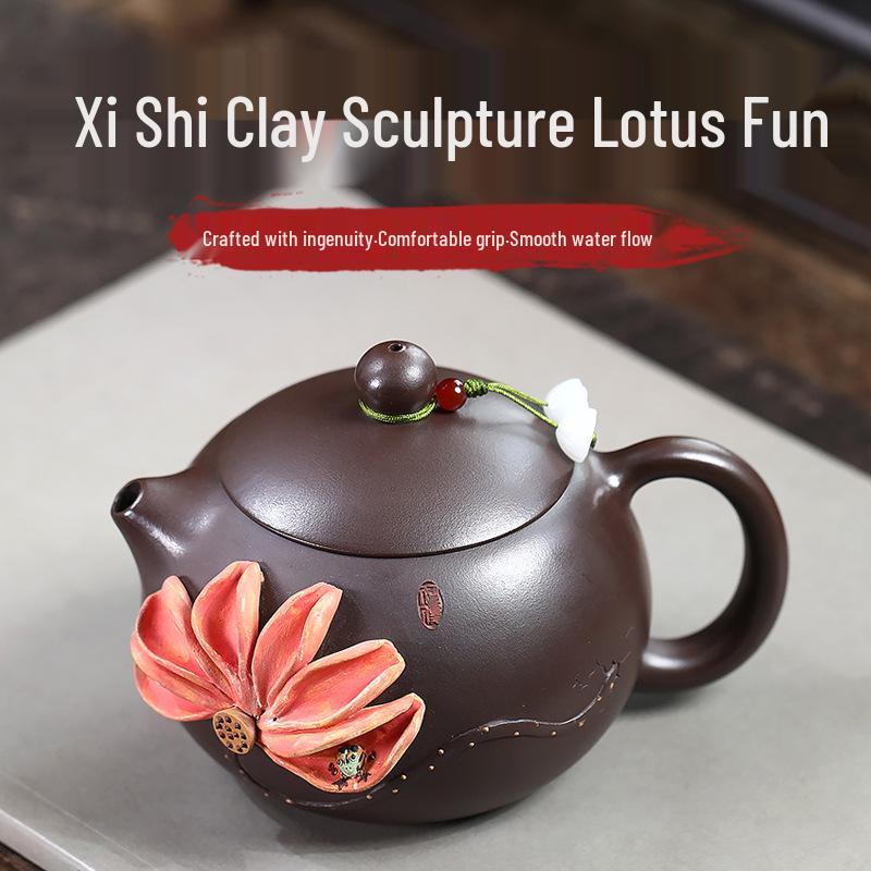 Xishi Hand-Sculpted Lotus Fun Yixing Purple Clay Teapot, Household Tea Set – Smooth Water Flow, Exquisite Craftsmanship