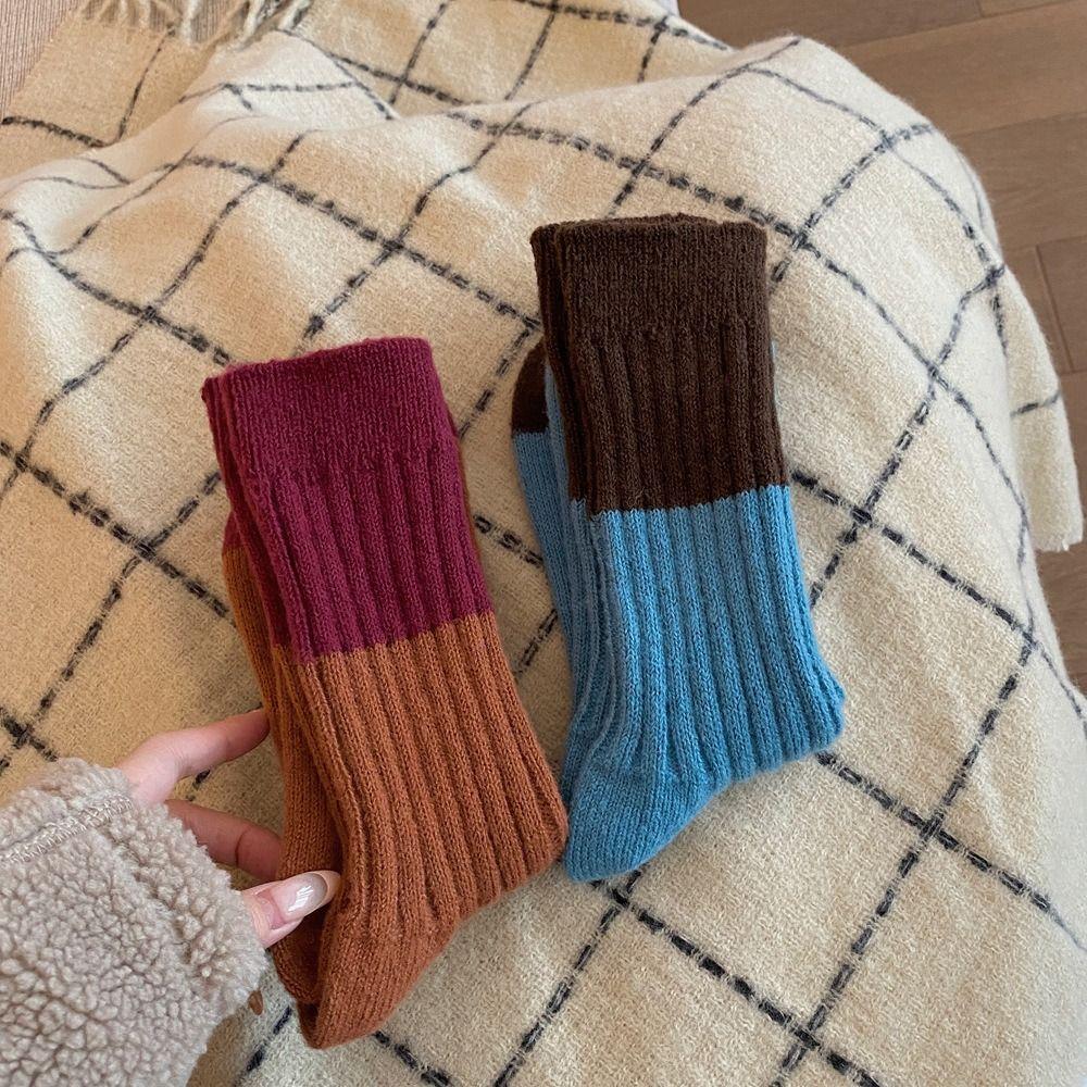 Colour Blocking Mid-Calf Wool Socks Retro Outdoor Wear Short Socks Mid Tube Socks Autumn Winter