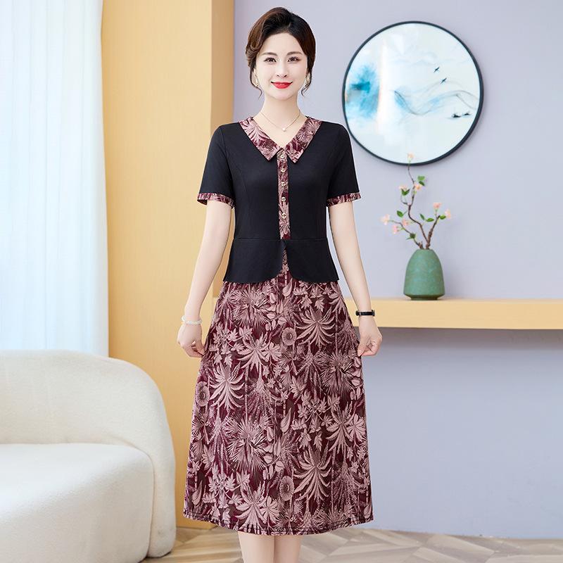 

Elegant Floral Patchwork Midi Dress - Short Sleeve, Loose Fit for Middle-Aged & Elderly Women XL [Below 53 kg]