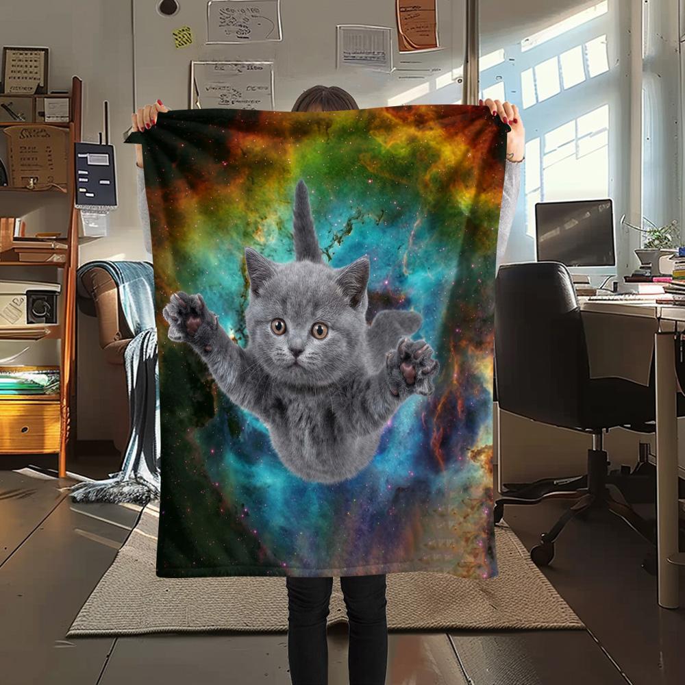 1Pc Galaxy Cat Dog Print Flannel Blanket High Quality Warm Comfortable Cover for All Seasons Perfect for Gifts Home Decor
