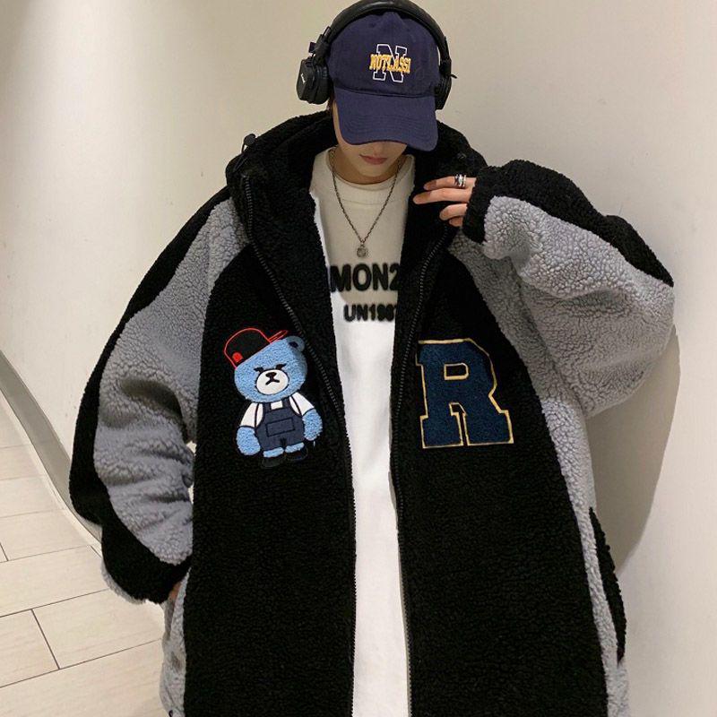 Men s Winter Lambswool Hooded Jacket: Loose, Plush, Trendy Korean Style for Couples. L