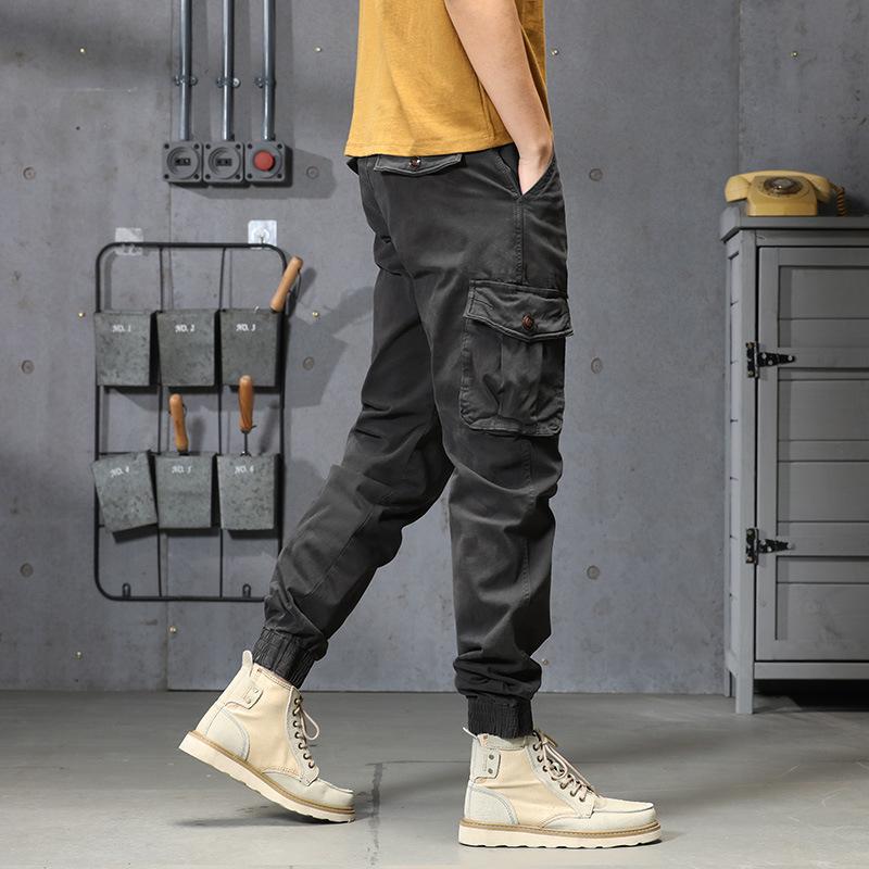 Men's new outdoor American fashion retro tied feet multi-pocket overalls versatile elastic