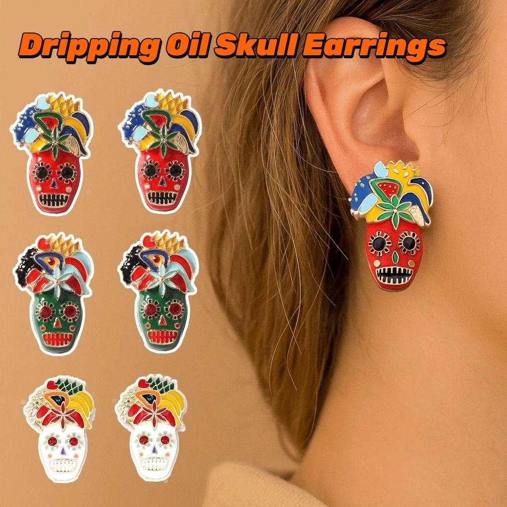 Flower Dripping Oil Skull Earrings Rhinestone Enamel Skeleton Stud Earrings Vintage Earring  Autumn