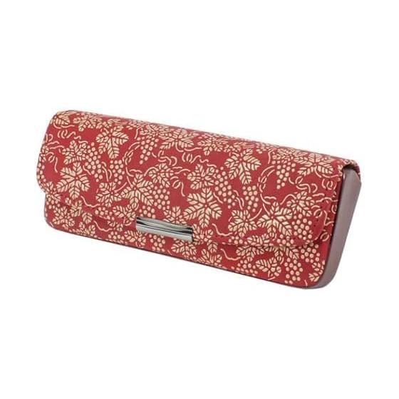 Inden-ya Uehara Yushichi Genuine Leather Hard Glasses Case, Model 4206, Red Base X White Lacquer, Grape Pattern, Made In Japan