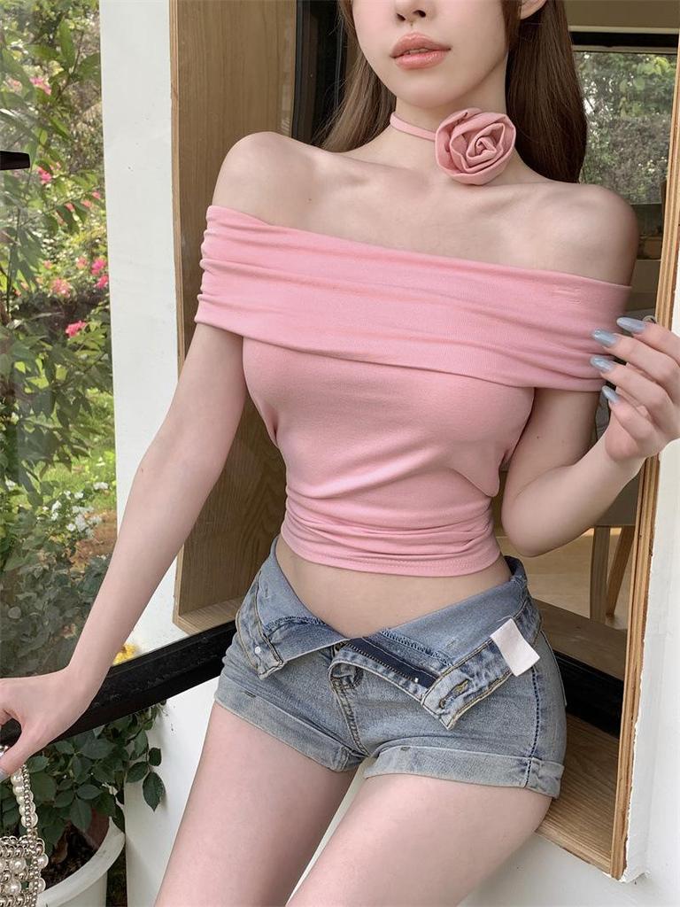 Hot Girl One-Shoulder Cinched Waist Crop Top - Trendy Summer Slim Fit Women's T-Shirt