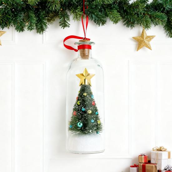 Christmas Tree Message In A Bottle Recordable Voice Message Bottle Ornament with Playback Cork Greeting Glass Bottle with Snowy Scene Xmas Keepsake