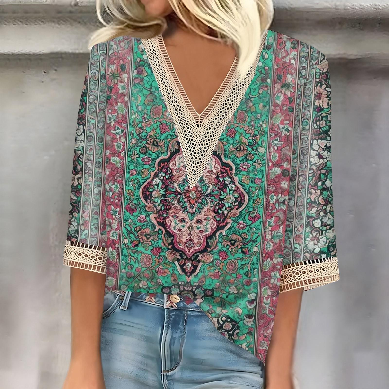 

Женский кружевной топ с винтажным принтом и рукавами три четверти XL зелёный