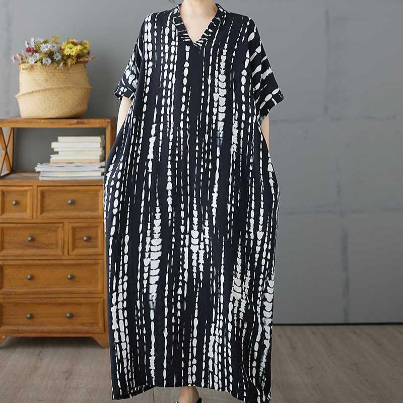 Black Striped Women's Cotton Short Sleeved Long Loose Casual Dress