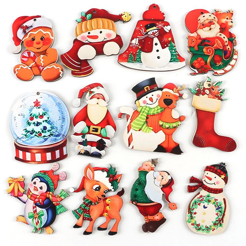(12 pcs/pack) 4.9-8.5cm Christmas Pendant Wooden Pendants Colorful Woodblock Children's Cartoon Snowman Festival Decoration DIY