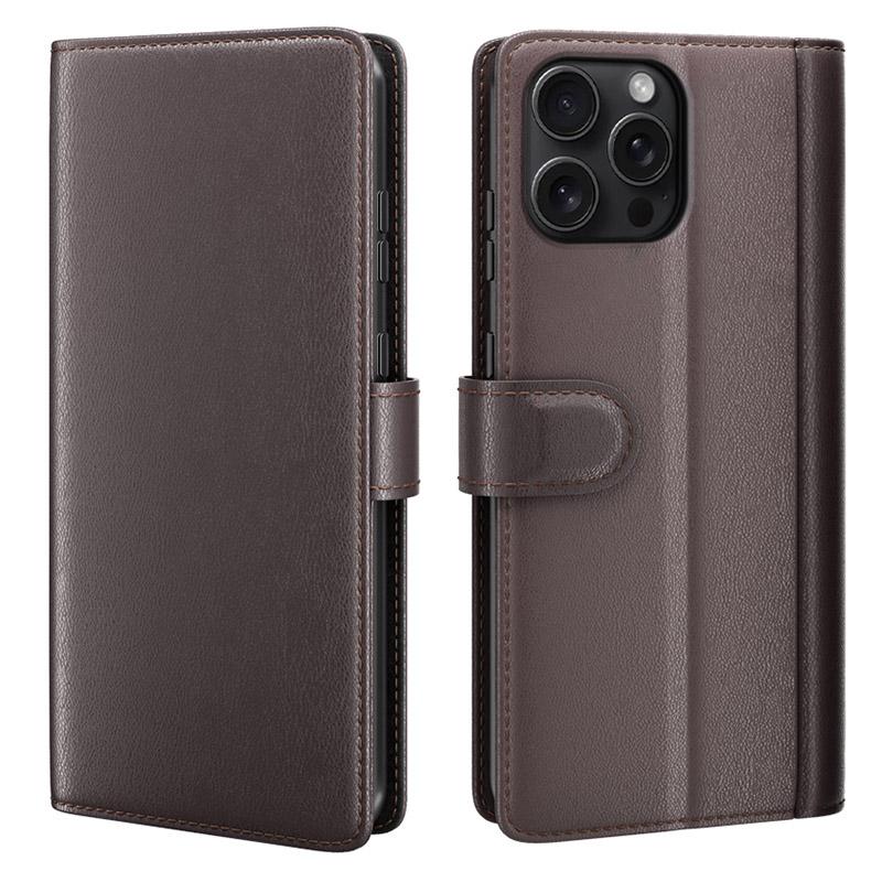 

For iPhone 16 Pro Max Case Genuine Split Leather Phone Cover with Wallet Stand Brown
