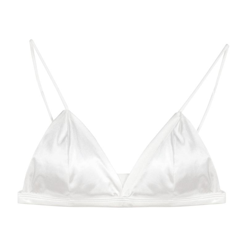 Weißes Satin-Dreieckskörbchen-Bralette mit ultradünnen Doppelträgern, kabelloser, bequemer BH für den Alltag