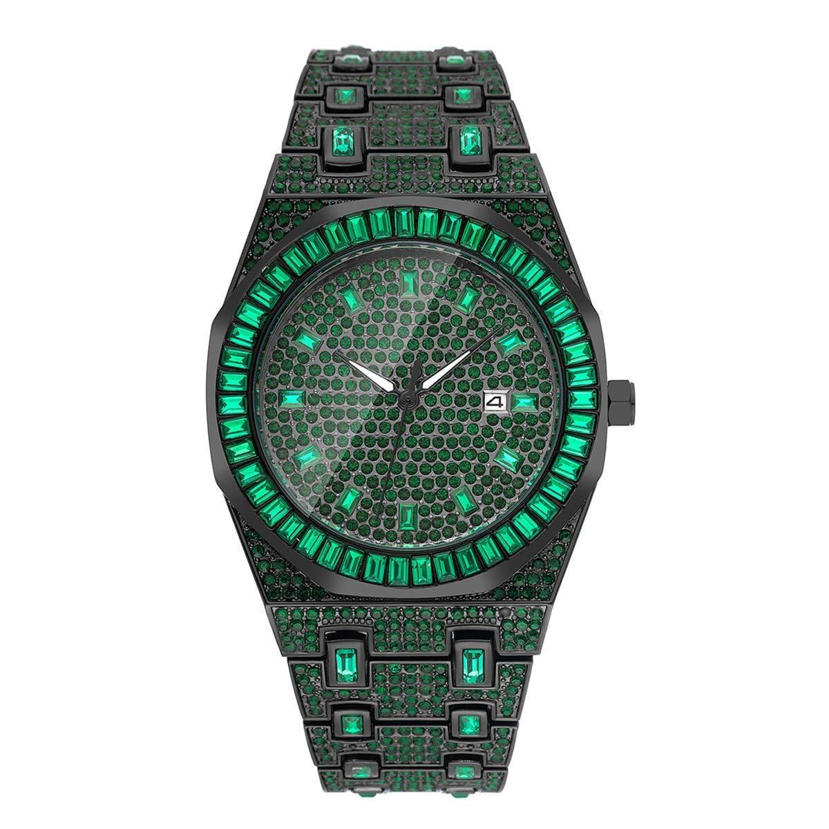 

Хип-хоп часы с зелеными бриллиантами для мужчин, модные автоматические кварцевые часы с датой, квадратные часы-браслет с ледяной инкрустацией, мужские часы Reloj