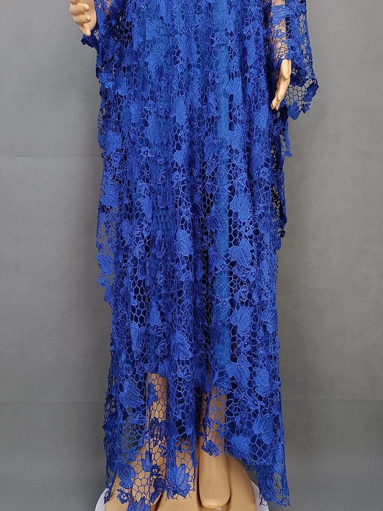 Plus Size African Women's Loose Long Robe Dress with Water Soluble Lace & Short Sleeves