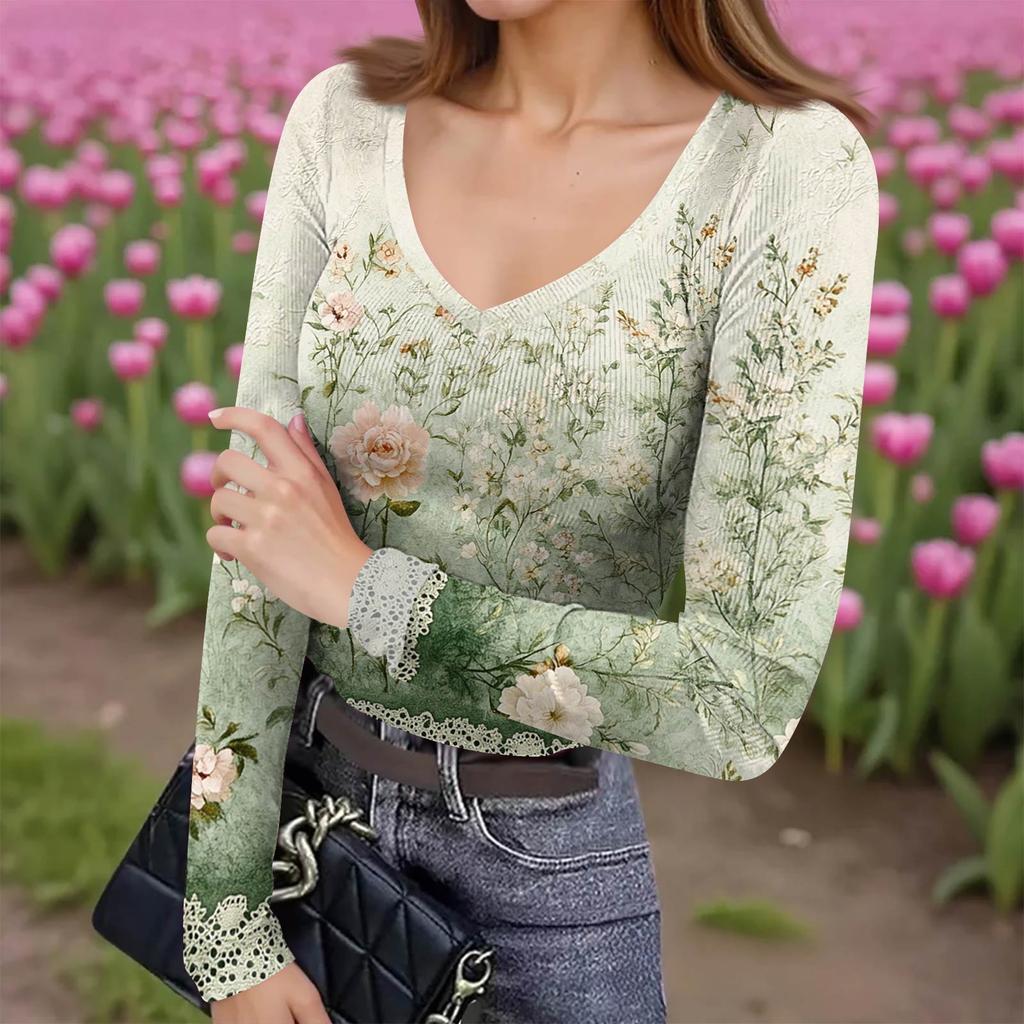 Women's Winter Slim-Fit Base Layer T-Shirt Fashionable Print V-Neck Pullover Long-Sleeved Top