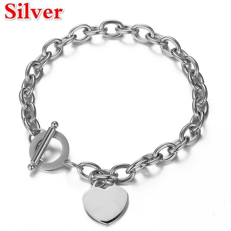 

Женские браслеты из нержавеющей стали с цепочкой в форме сердца Европейская и американская мода Минималистская любовь OT Пряжка в форме персикового сердца серебряный