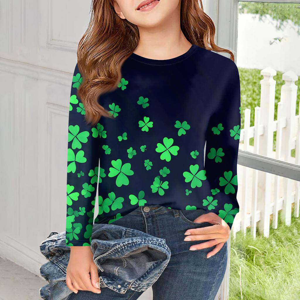 Flickor Långärmade T-shirts Barn Hösttoppar Rundhals Tryckta Bas T-shirts Saint Patrick's Day