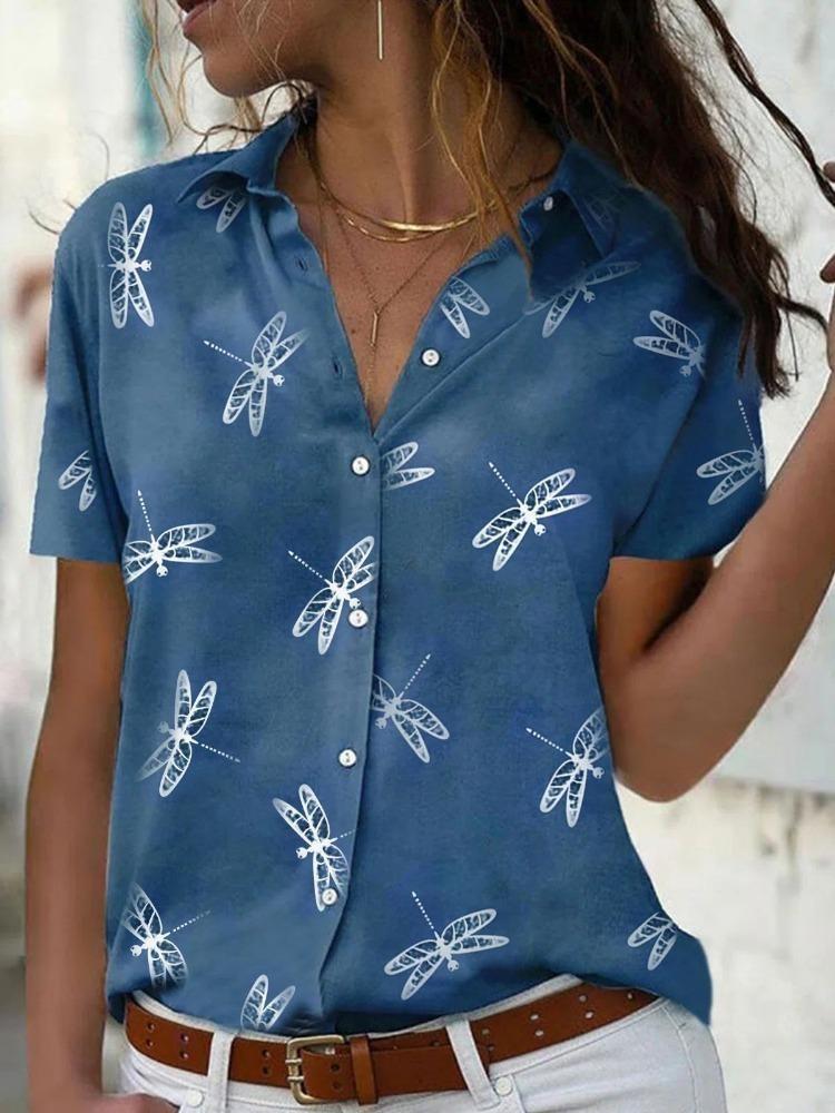 Women's Short Sleeve Summer Shirt with Dragonfly Flower Print