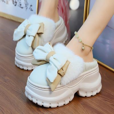 Tacones altos 7.5cm zapatillas de lazo hogar mujeres 2024 Otoño Invierno Cálido Suela Gruesa felpa Diapositivas Zapatillas de Plataforma Impermeables para Mujer