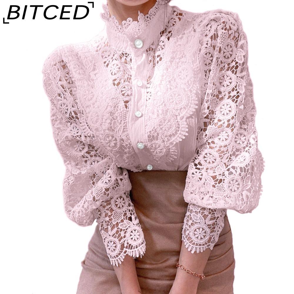 BITCED Women's Loose-fitting, Distinctive Button-down Lace-trimmed Floral Appliqué Shirt