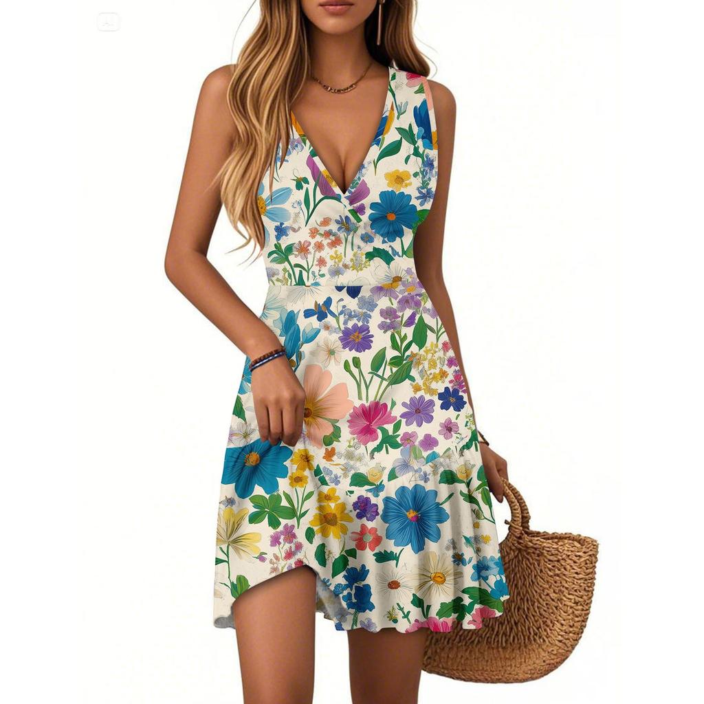 Women's Summer Dress V Neck Sleeveless Casual Floral Print Hem Pleated Dress