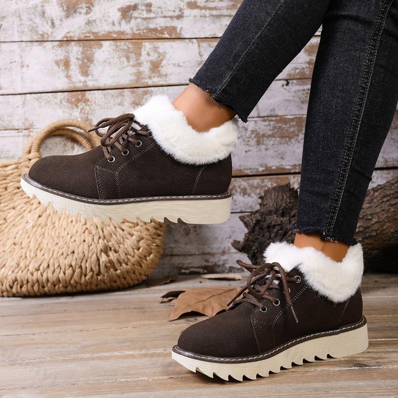 Winter Vintage Warm Hairy Low Top Non Slip Cotton Shoes for Women Retro Solid Versatile Plush Comfortable Chunky Snow Shoes
