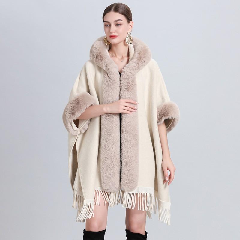 Womens Oversized Plaid Knit Cape Shawl With Fleece Lining Fur Trim Hooded Wrap Coat Winter