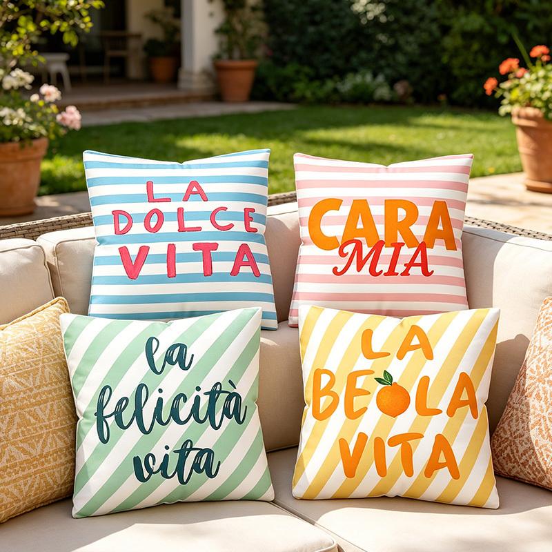 4pcs Italian Striped "Ciao Bella" Pillow Cover Outdoor Terrace Decoration Cushion Cover Home Bedroom Decoration Pillowcase
