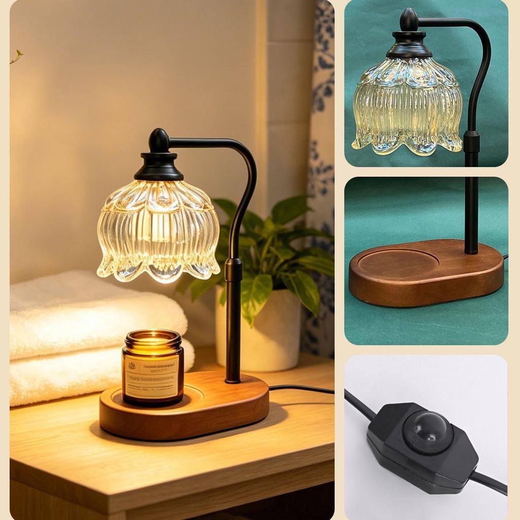 Aromatherapy American Style Flameless Fragrance Wax-Melting Dimmable Table Lamp with Rising-Falling Flame Effect for Bedroom Use
