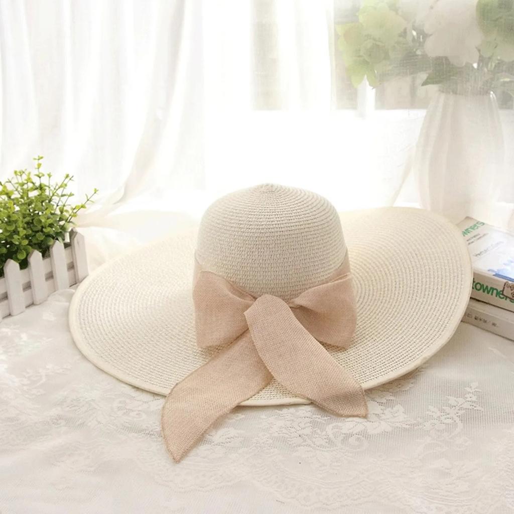 Summer Elegant Beach Sunshade Straw Hat Women's Beach Vacation Sunscreen Knitted Hat Beach Bowknot Wide Brim Floppy Panama Hats