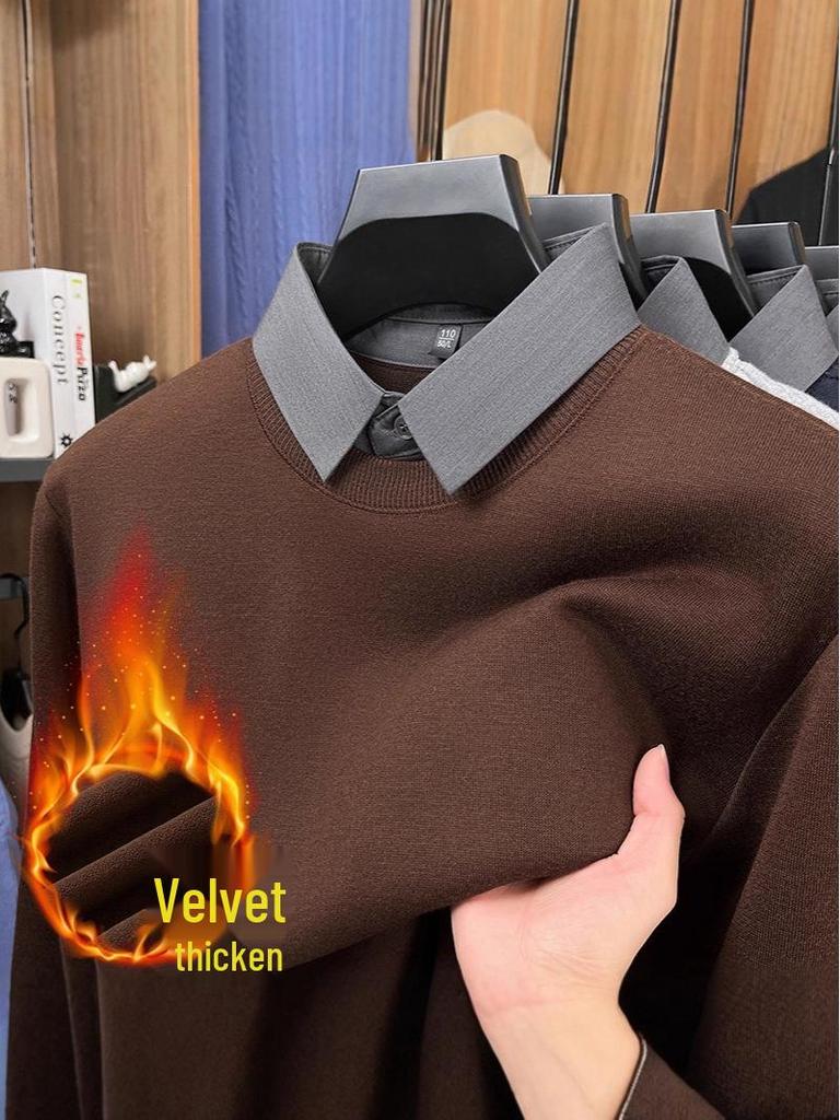 Men's Two-in-One Fleece-Lined Knit Sweater with Shirt Collar for Autumn/Winter
