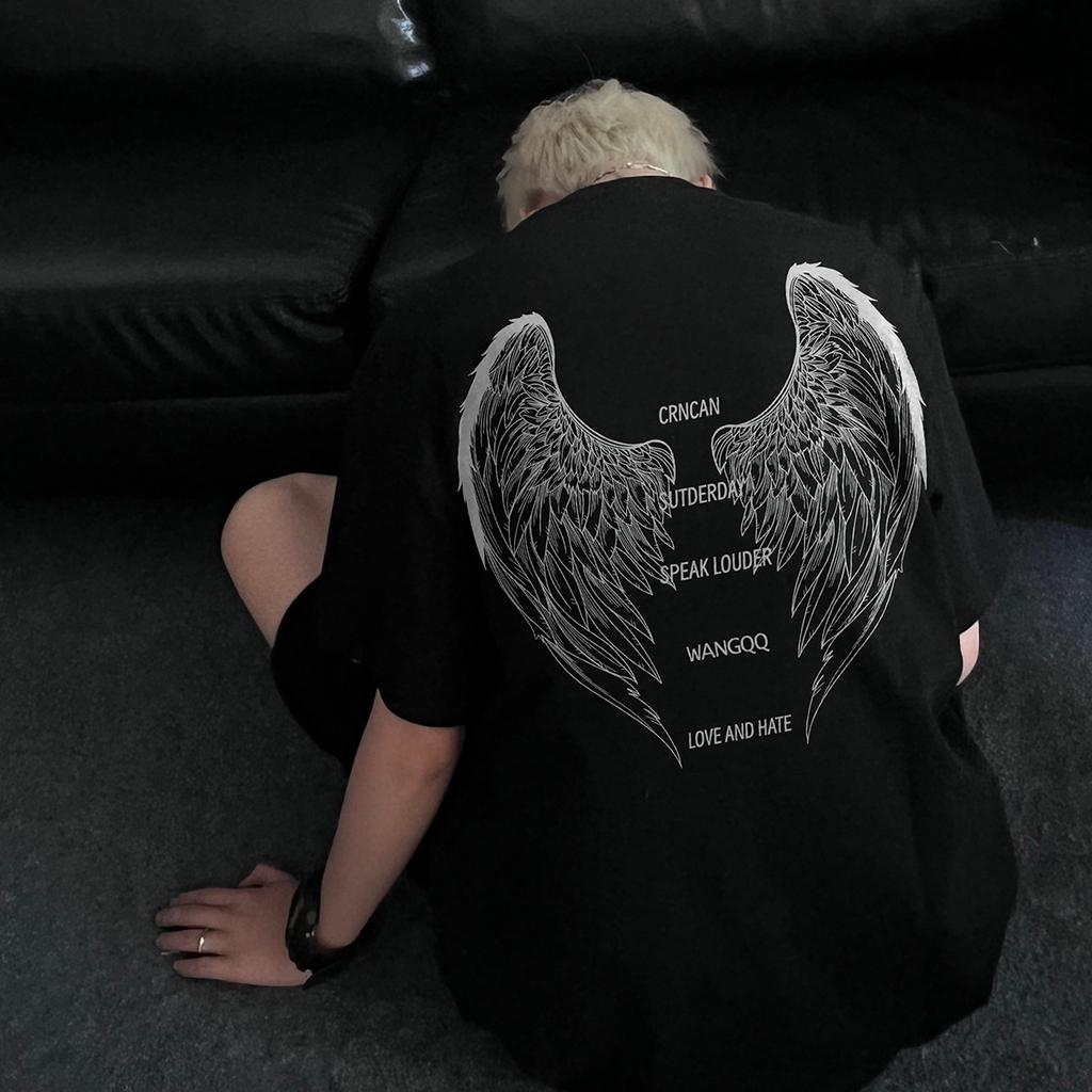 2024 New Angel Wings Print 100% Cotton Short Sleeve T-Shirt Men's Summer Trend High Quality Fashion Top High Street