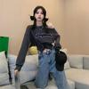 Girls Retro Shoulder Hoodies Women's Thin Short Fashion Casual Hoodies