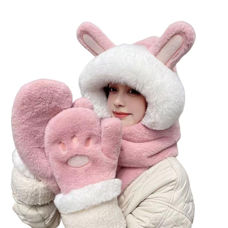 

Children Ear Fleece Lined Winter Accessory Integrated Hat Scarf Gloves set Children Winter Hat with Integrated Gloves рожевий