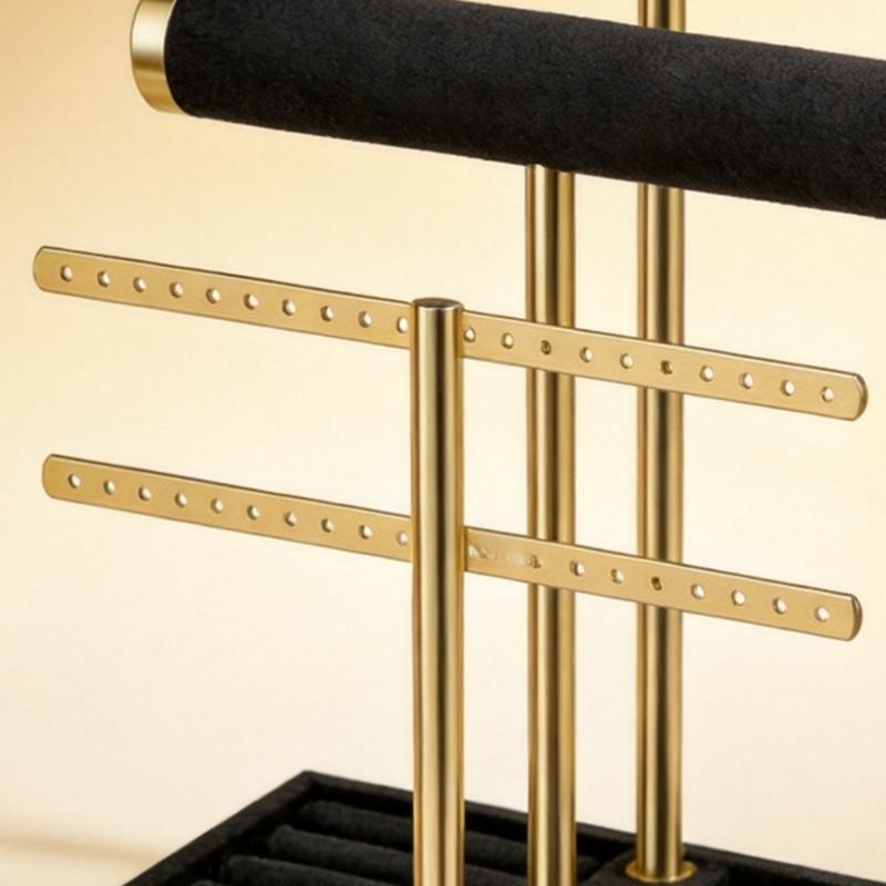 Tabletop Jewelry Display Stand Black Fabric Gold-Tone Holder with Necklace Bracelet Bars, Earring Rails, Ring Tray Base for Vanity Storage