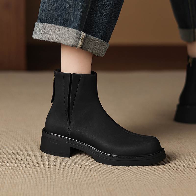 Krazing Pot Cow Skin Round Toe Thick Heels Motorcycle Boots Size 42 Back Zip Women Keep Warm Ankle Boots
