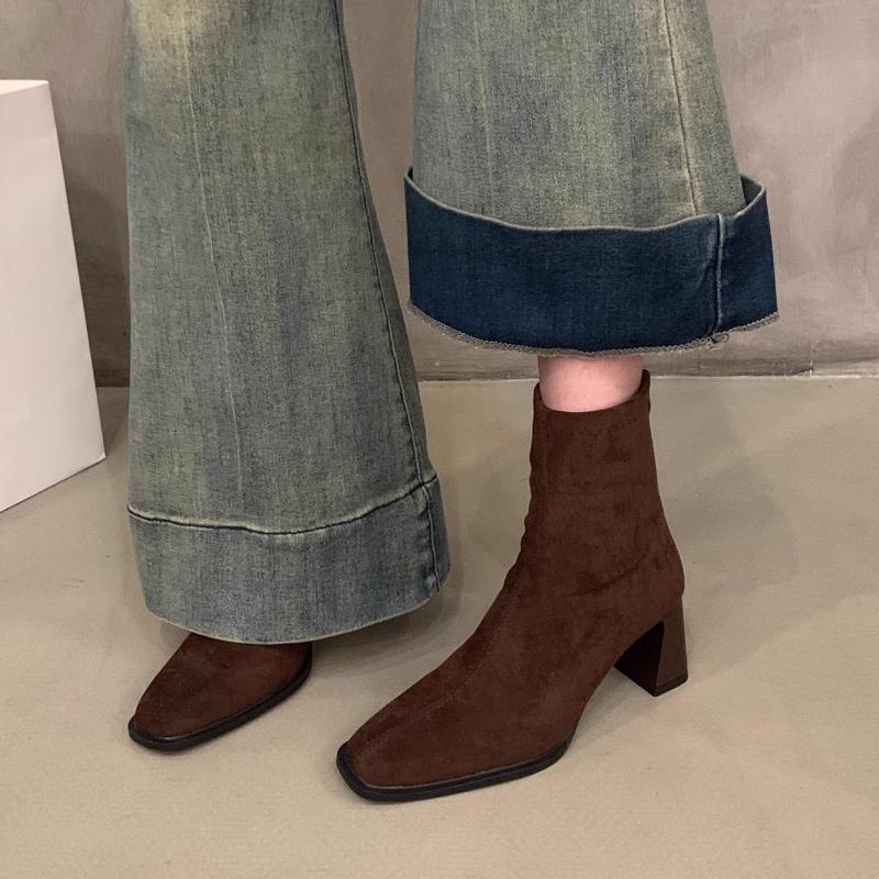 Winter suede ankle boots fashionable square-toe chunky heel nude boots elegant rear zipper high-heeled large-size women's boots