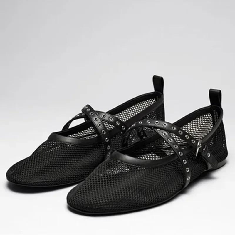 Mesh Ballet Flats Women Fashion Leather Buckle Strap Hollow Flats Summer Light Comfort Beach Sandals Mules Loafers