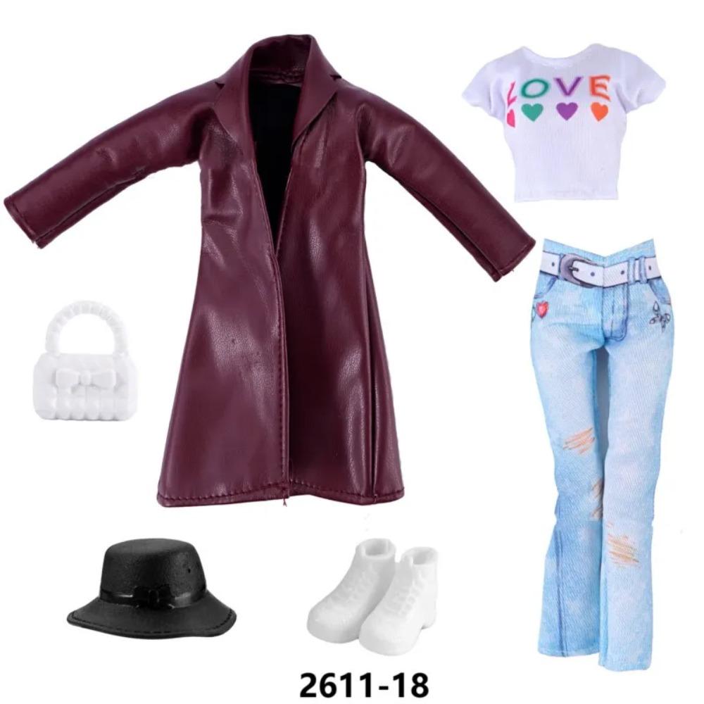 30cm Doll Clothes Fashion Luxury Fur Collar Waist Leather Trench Coat Jacket Pants Skirt Set For 1/6 Supermodel Doll Accessories
