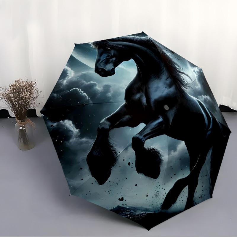 Black Stallion Automatic Open/Close Umbrella - Windproof, Portable Folding Design with 8-Rib Durability, Elegant Horse Silhoue