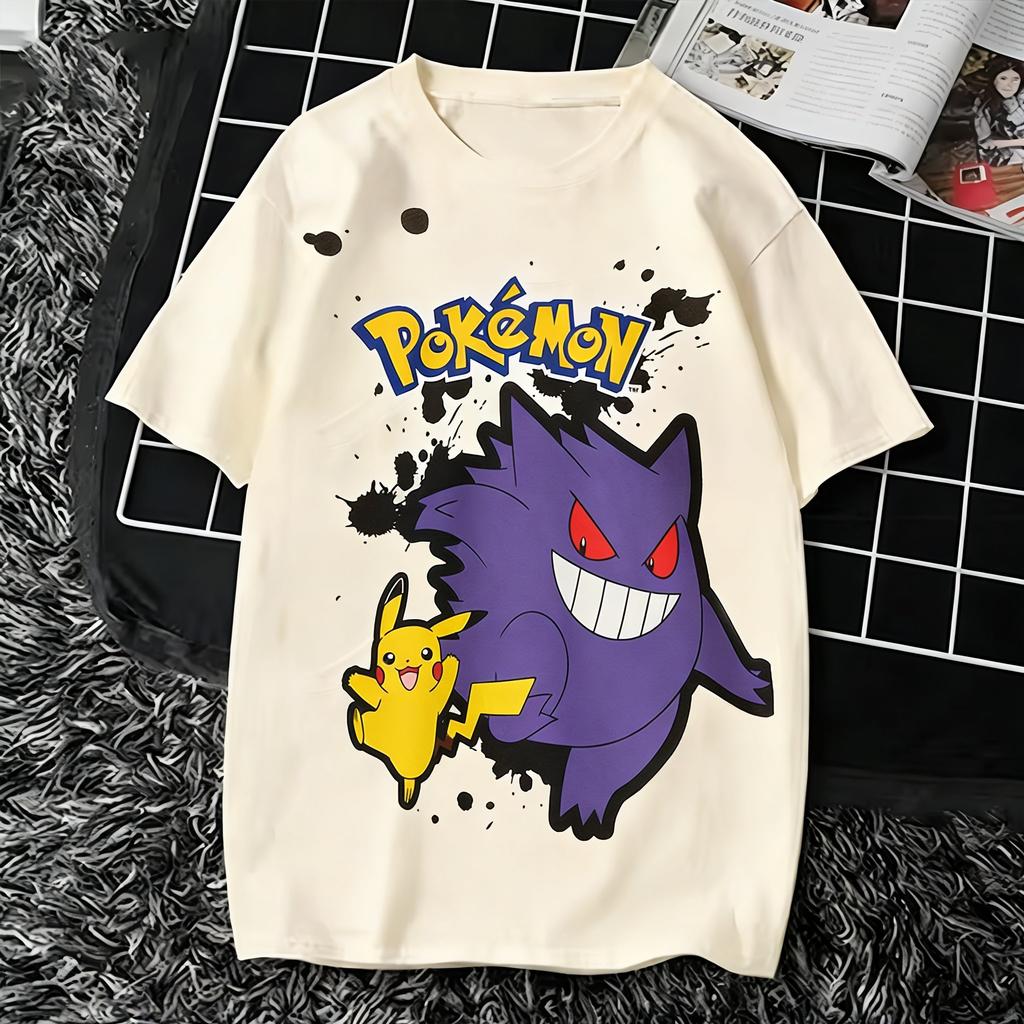 Bandai Pokemon Pikachu Gengar T Shirt Unisex Women Summer Cotton Short Sleeve Tee Anime Print Tops Streetwear Parentchild Clothing