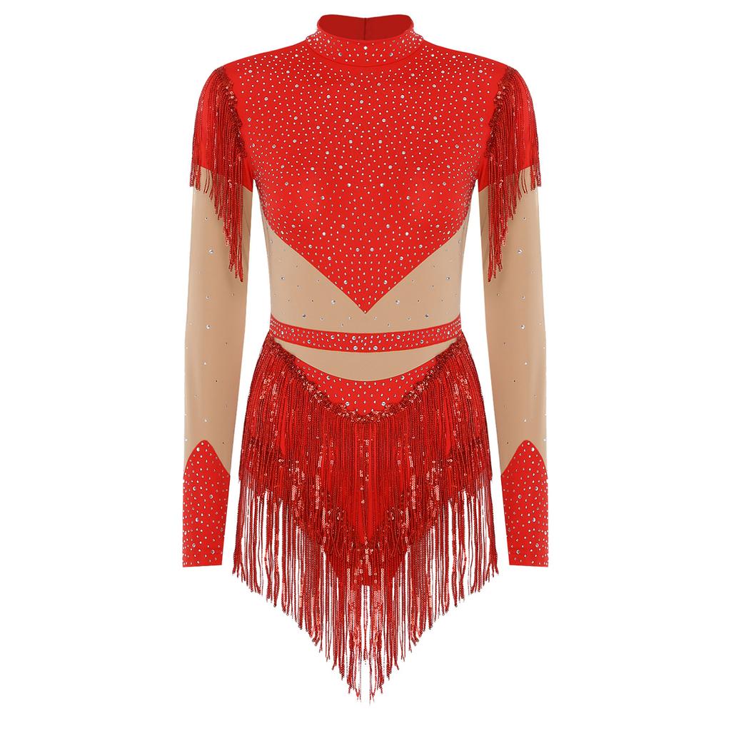 Maillot de patinage artistique pour femme à manches longues, body à paillettes et franges, entrejambe ouvrable, fermeture éclair dans le dos, combinaison de couleur contrastante avec strass